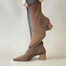 Kinit Women's Low Block Heel Medium Elastic Sock Boot - Camel - View 2