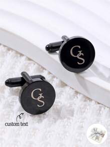 1 Pair Engraved Customized Cufflinks, Special Gift For Men, Personalized Text Cufflinks Gift For Boyfriend, Unique Present For Dad, Father's Day, Valentine's Day, Christmas - Black - View 1