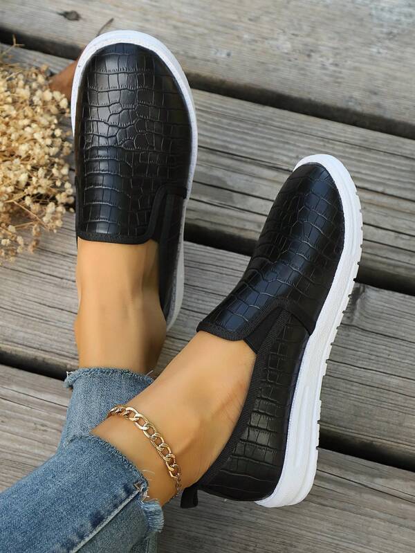 Women 2024 Autumn New Round Toe Cracked Leather Slip-On Casual Loafers, Fashion All-Match Plus Size Glitter Beggars Canvas Flat Shoes