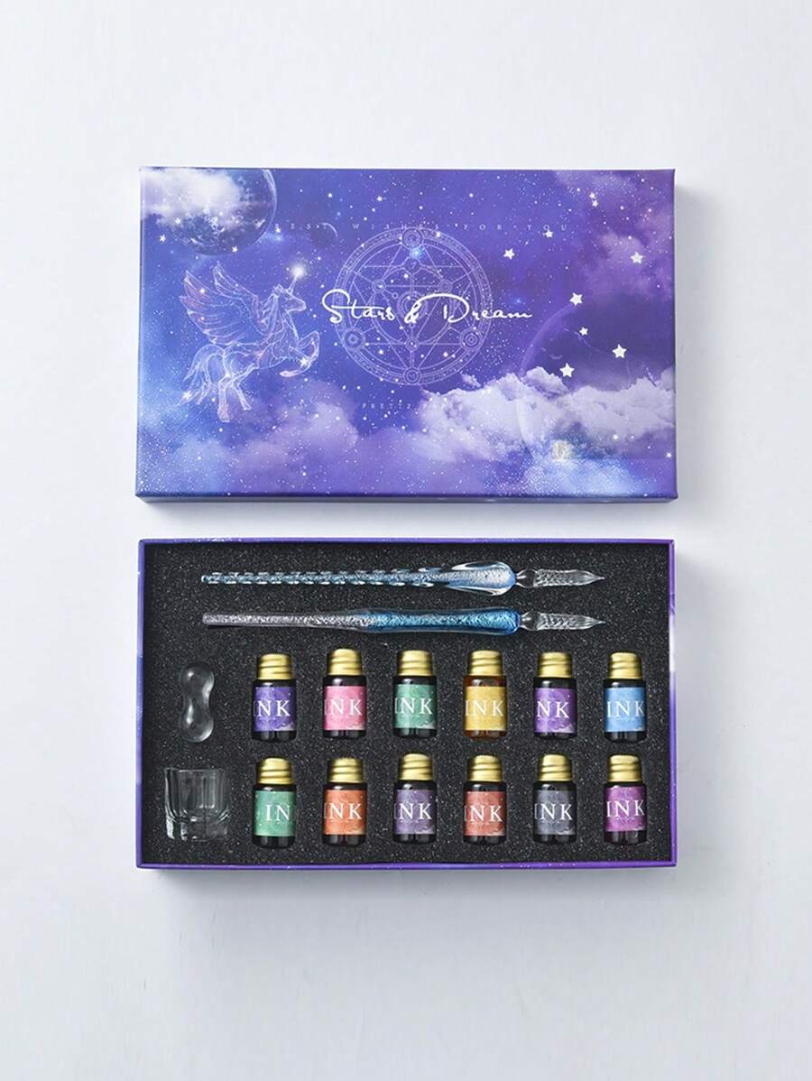 16 piezas/Set Pluma de cristal con diseño de cielo estrellado, incluye pluma fuente de tinta de inmersión, pluma de inmersión de cristal, pluma de práctica de escritura, regalo de papelería para estudiantes - azul real - Ver 1