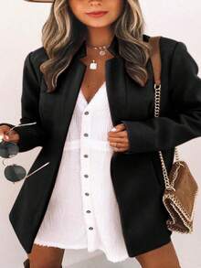 Abrigo de mujer de manga larga con bolsillo, de unicolor, estilo europeo, para otoño-invierno