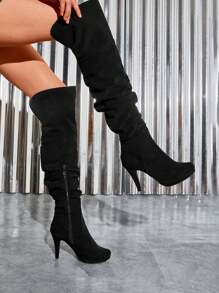 Women Fashion Thigh High Boots Comfortable Suede Leather High Heel Over The Knee Boots For Autumn & Winter Wearing - 黑色 - 查看 3
