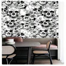 1 Roll Removable Black & White Skull Floral Peel And Stick Wallpaper, Gothic Skull Graffiti Wallpaper For Cabinet, Room Decor Halloween Decor Christmas Decoration Thanksgiving Wedding Home Decor Home Decor Fall Decor Autumn Decor Birthday Decorations For Gifts Party Supplies Indoor Holiday Festival Decor Wall Decor Halloween Ornaments