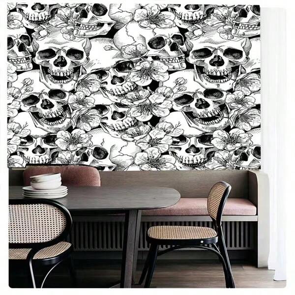 1 Roll Removable Black & White Skull Floral Peel And Stick Wallpaper, Gothic Skull Graffiti Wallpaper For Cabinet, Room Decor Halloween Decor Christmas Decoration Thanksgiving Wedding Home Decor Home Decor Fall Decor Autumn Decor Birthday Decorations For Gifts Party Supplies Indoor Holiday Festival Decor Wall Decor Halloween Ornaments