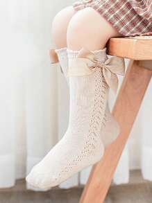 1pair Girls Bowknot Knitted Frilly Knee-High Socks, Breathable & Insect-Repellent - Light Grey - View 4