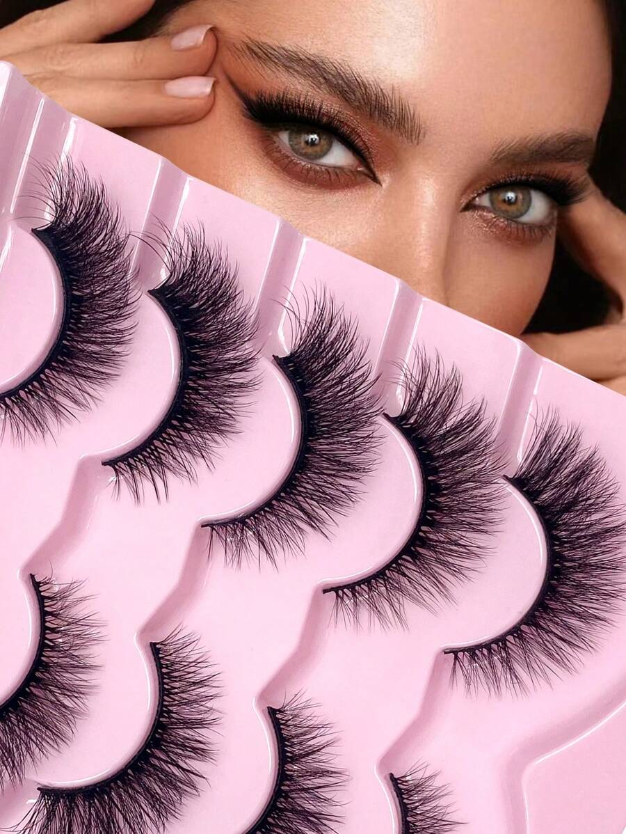 5对自然蓬松纤长仿貂毛卷翘假睫毛，条状假睫毛