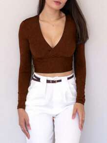 CROPPED V-NECK LONG SLEEVE BLOUSE - Burnt Orange - View 1