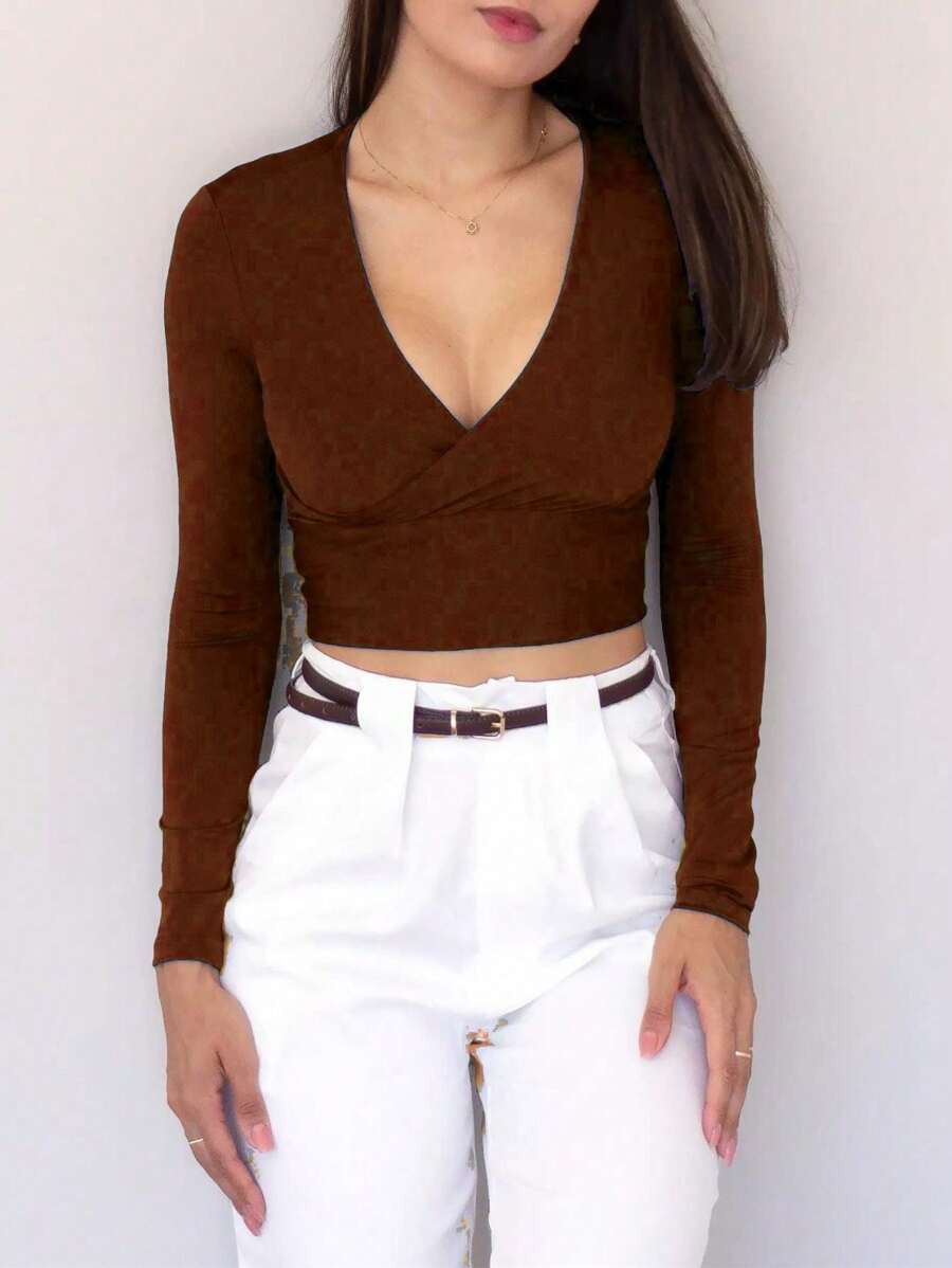 CROPPED V-NECK LONG SLEEVE BLOUSE - Burnt Orange - View 1