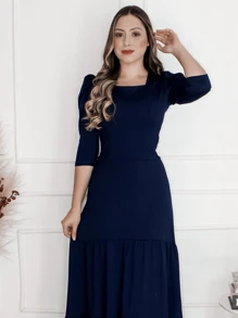 Vestido Longo Lindo 3 Marias Moda Evangelica Lançamento - Azul Marinho - Visão 3