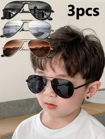 3pcs/Set Kids Double Beam Fashion Eyeglasses, Glasses For Driving Beach Travel