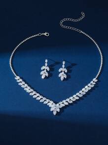 Bộ trang sức pha lê Zirconia thời trang sang trọng dành cho phụ nữ, vòng cổ + hoa tai, phù hợp cho những dịp trang trọng như đám cưới, tiệc Gala và tiệc ngày lễ - Bạc - Xem 2