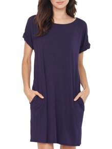 Boho Retro Rayon Cool Soft Summer Cuff Short Sleeve Crew Neck T Shirt Mini Dress Tunic With Pockets - 藏蓝色 - 查看 3