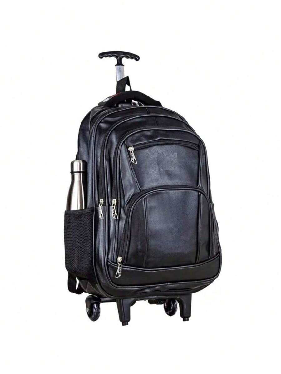 Unisex Waterproof Wheeled Leather Backpack For Work And College Black PU With WHEELER - Black - View 1