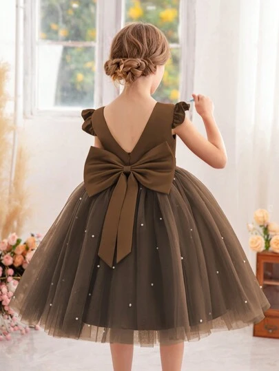 Prinsessklänning med kort ärm och mesh för ung flicka, lämplig för självständighetsfest, barnfödelsedagsfest, alla hjärtans dag-present, bal, fest, vardagskläder, musikinstrumentframträdande, scenshow, högtidsfirande