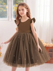 年轻女孩盖袖网眼公主裙，适合独立日派对、儿童生日派对、情人节礼物、舞会、派对、休闲日常穿着、乐器演奏、舞台表演、节日庆典 - 棕色 - 查看 3