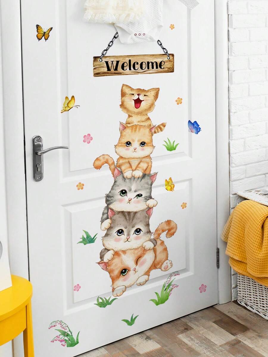 1pc Cat & Butterfly Pattern Door Sticker, Cartoon Cute Adhesive Wall Sticker For Home Decor, Stickers, Wall Decal, Vinyl Decal For Home Decorations, Spring Decoration Items Refresh Your Home, Rama Decoration Stickers Gifts Birthday Graduation