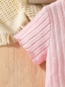 2pcs/Set Young Girls Solid Frill Trim Crop Top + Unicorn Print Denim Effect Skirt Set - Pink - View 4