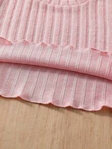 2pcs/Set Young Girls Solid Frill Trim Crop Top + Unicorn Print Denim Effect Skirt Set - Pink - View 6