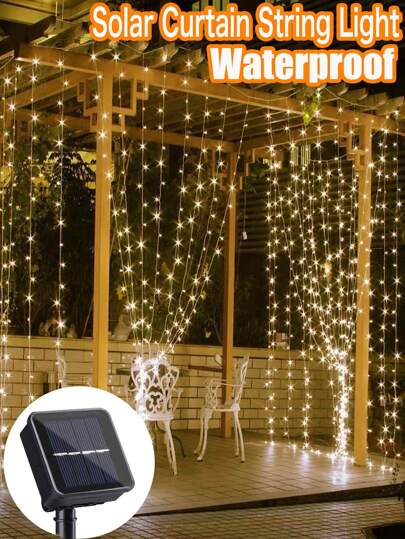9.84Ft Solar Curtain Light 8 Lighting Modes 300leds/200leds/100leds Fairy String Lights, Indoor / Outdoor Waterproof Copper Wire Lights For Christmas Party Wedding Home Bedroom Garden Handrail Railing Eaves Wall Decorations(Warm White,Multicolor,White)