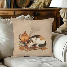 1pc Autumn Leaf Cat Sleeping Pillow Case, Single-Sided Printed Peach Velvet Material, 45*45/50*50/40*40CM Cushion Cover Suitable For Modern Minimalist Sofa, Living Room Decor, Gift - Multicolor - View 5