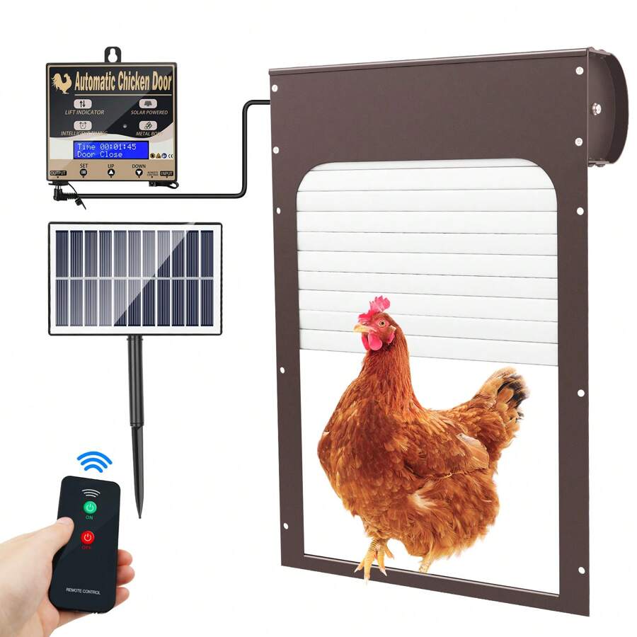 Solar Powered Automatic Chicken Coop Door - Remote Control Aluminum Chicken Door With Timer & Light Sensor, Anti-Pinch Design For Safe