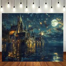 1 件，城堡摄影背景 - 充满活力的巫师世界夜空，带有月亮和闪电设计，多用途聚酯道具，适用于派对装饰和摄影工作室 - 彩色 - 查看 2