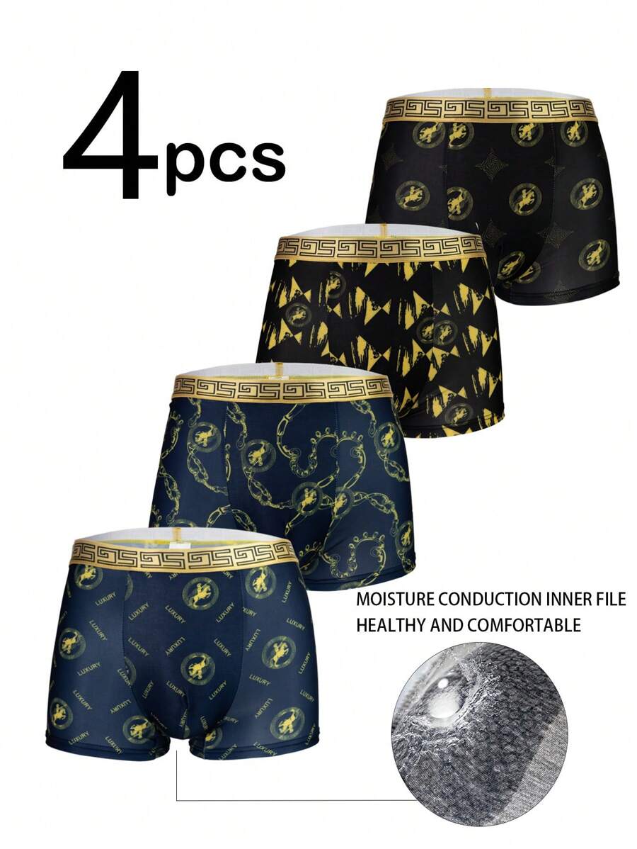 4pcs Black & Gold Luxury Silk Boxers For Men - Black - View 1