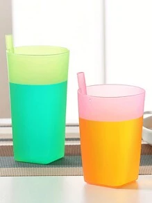 Plastic Tumbler Set With Built-In Straw, 12.17oz Portable Drinking Cup, Summer Outdoor Juice Water Glasses For Students - Assorted Colors - Multicolor - View 2