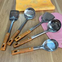 Juego de utensilios de cocina de acero inoxidable con mango de grano de madera simple para el hogar, incluye espátula, cacerola, paleta, colador, almohadilla resistente al calor, cocina, regalo de Navidad - Multicolor - Ver 9