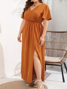 Women Plus Size Wrap Maxi Dress Short Flutter Sleeves Empire Waist Split A Line Boho Casual Dress