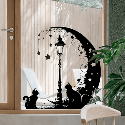 Black & White Cat, Street Lamp Wall Sticker, Bedroom Decor Decal