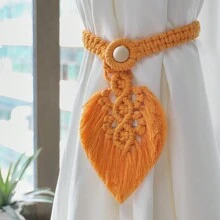 1 件波西米亚风格涤纶窗帘系带，配有手工绳、叶子图案流苏、可调节复古木珠装饰，适用于卧室、客厅、厨房