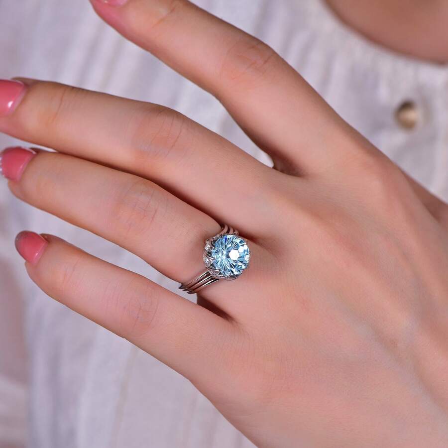 Nhẫn cắt hình bông tuyết tròn bằng bạc 925 tinh tế được lát kim cương cacbon cao - Màu xanh nhạt - Xem 1