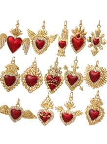 1 chiếc mặt dây chuyền Zirconia hình trái tim bằng đồng khảm thời trang cổ điển, tự làm cho vòng tay, vòng cổ, đồ trang sức - Đỏ - Xem 1