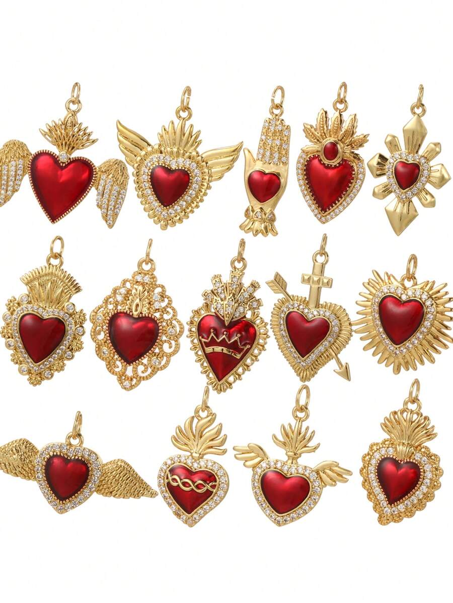 1 chiếc mặt dây chuyền Zirconia hình trái tim bằng đồng khảm thời trang cổ điển, tự làm cho vòng tay, vòng cổ, đồ trang sức - Đỏ - Xem 1