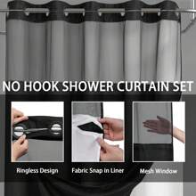 1PC Waffle Double Woven Shower Curtain, No Hook, Clear Top Window Hookless Shower Curtain With Snap Lined Waffle Shower Curtain Hotel Style Double Layer Machine Washable And Easy To Clean Bathroom Partition 72" X 75". - 黑色 - 查看 3