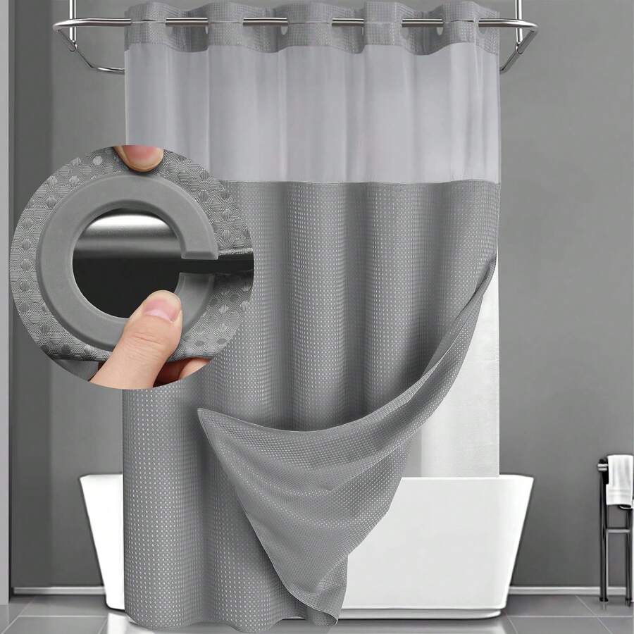 1PC Waffle Double Woven Shower Curtain, No Hook, Clear Top Window Hookless Shower Curtain With Snap Lined Waffle Shower Curtain Hotel Style Double Layer Machine Washable And Easy To Clean Bathroom Partition 72" X 75".