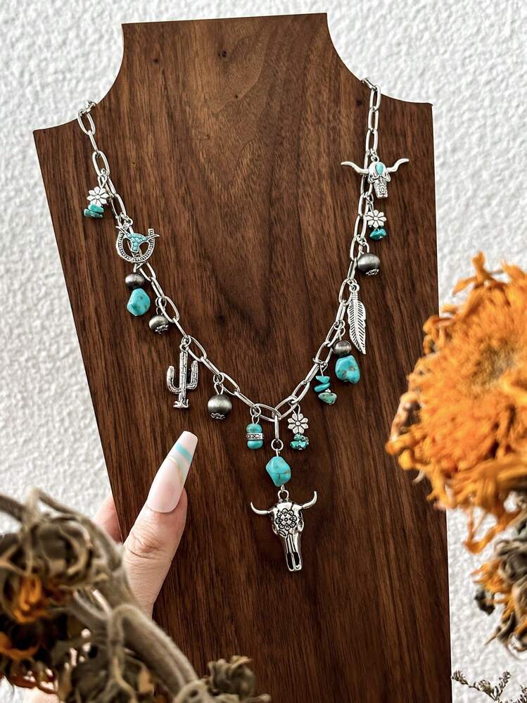 Jascatin Bohemian Turchese Velluto Choker Collana Orecchini Set Lungo Pendente Collana Suede Collar Maglione Catena per le Donne