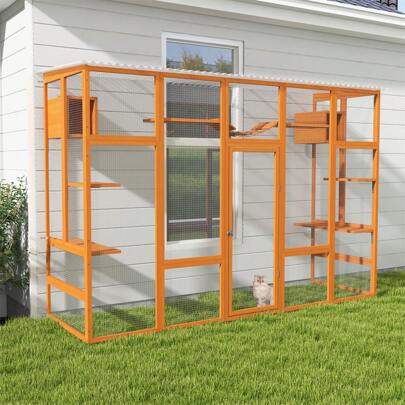 Cat Enclosure With 6 Jumping Platforms, 2 Cat Condos, Cat Bridge And Scratching Board, Orange