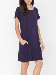 Boho Retro Rayon Cool Soft Summer Cuff Short Sleeve Crew Neck T Shirt Mini Dress Tunic With Pockets - 藏蓝色 - 查看 4