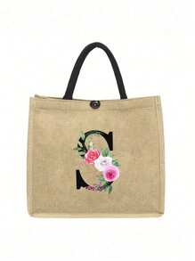 黄色亚麻布魔术贴三色粉色花卉字母手提包，个性化礼品袋，适合婚礼、生日、海滩、节日等场合，是送给女性、母亲、教师、朋友、伴娘、学生和返校季的理想礼物。 - 卡其色 - 查看 10