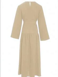 Women Spring Summer Elegant Solid Color Flare Sleeve Long Modest Dress - Khaki - View 2