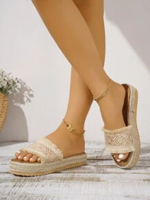 Women's Fringed, Woven Plaid Strap Fashionable Rope Comfortable Thick-Soled Sandals - Beige - View 5