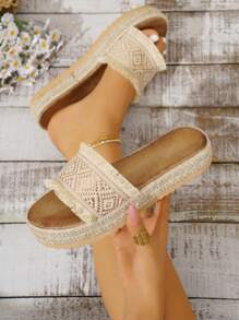 Women's Fringed, Woven Plaid Strap Fashionable Rope Comfortable Thick-Soled Sandals - Beige - View 1