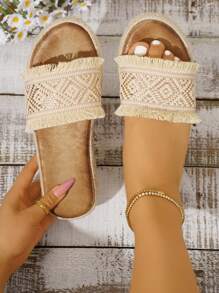 Women's Fringed, Woven Plaid Strap Fashionable Rope Comfortable Thick-Soled Sandals - Beige - View 6