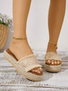 Women's Fringed, Woven Plaid Strap Fashionable Rope Comfortable Thick-Soled Sandals - Beige - View 3