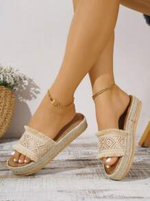 Women's Fringed, Woven Plaid Strap Fashionable Rope Comfortable Thick-Soled Sandals - Beige - View 2
