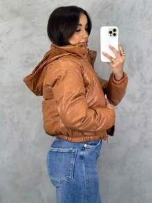 Women's Fashion Blogger Zipper Puffer Leather Jacket Thick And Lined - Merah tua - View 2