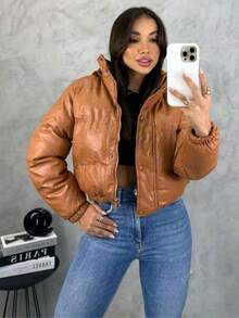 Women's Fashion Blogger Zipper Puffer Leather Jacket Thick And Lined - Merah tua - View 4