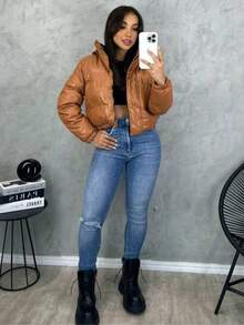 Women's Fashion Blogger Zipper Puffer Leather Jacket Thick And Lined - Merah tua - View 5